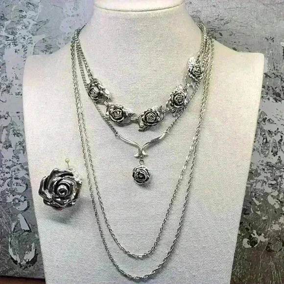 Silver Tone Rose Necklaces and Stretch Flower Ring Set - Picture 1 of 8